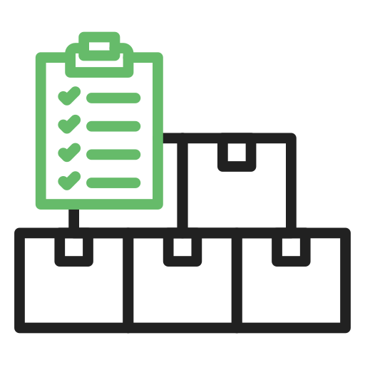 Icon of a green checklist on a clipboard with a black hierarchy chart below.