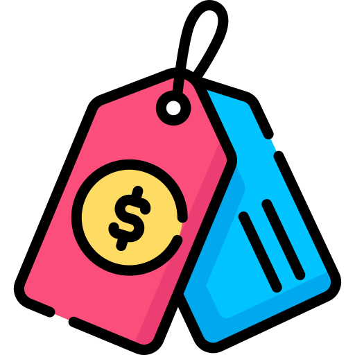 Two price tags, one pink with a yellow dollar sign and one blue, on a white background.
